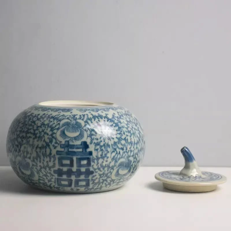 Antique Ceramic Tea Jar Pumpkin Jar Jingdezhen Blue and White Porcelain Vintage Chinese Style Tea Table Decoration