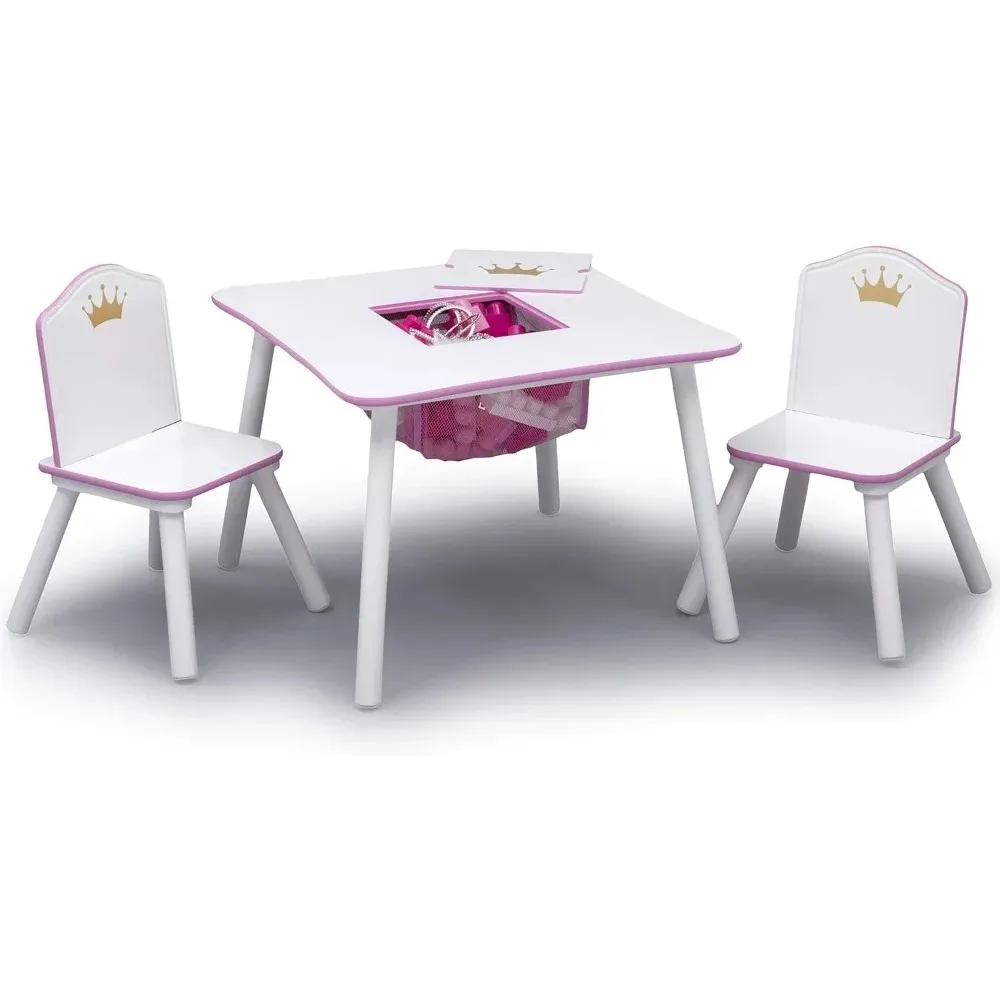 Juego de mesa y silla de madera para niños con almacenamiento, Blanco/rosa, espacio perfecto para juegos, tarea o tiempo de ejercicio