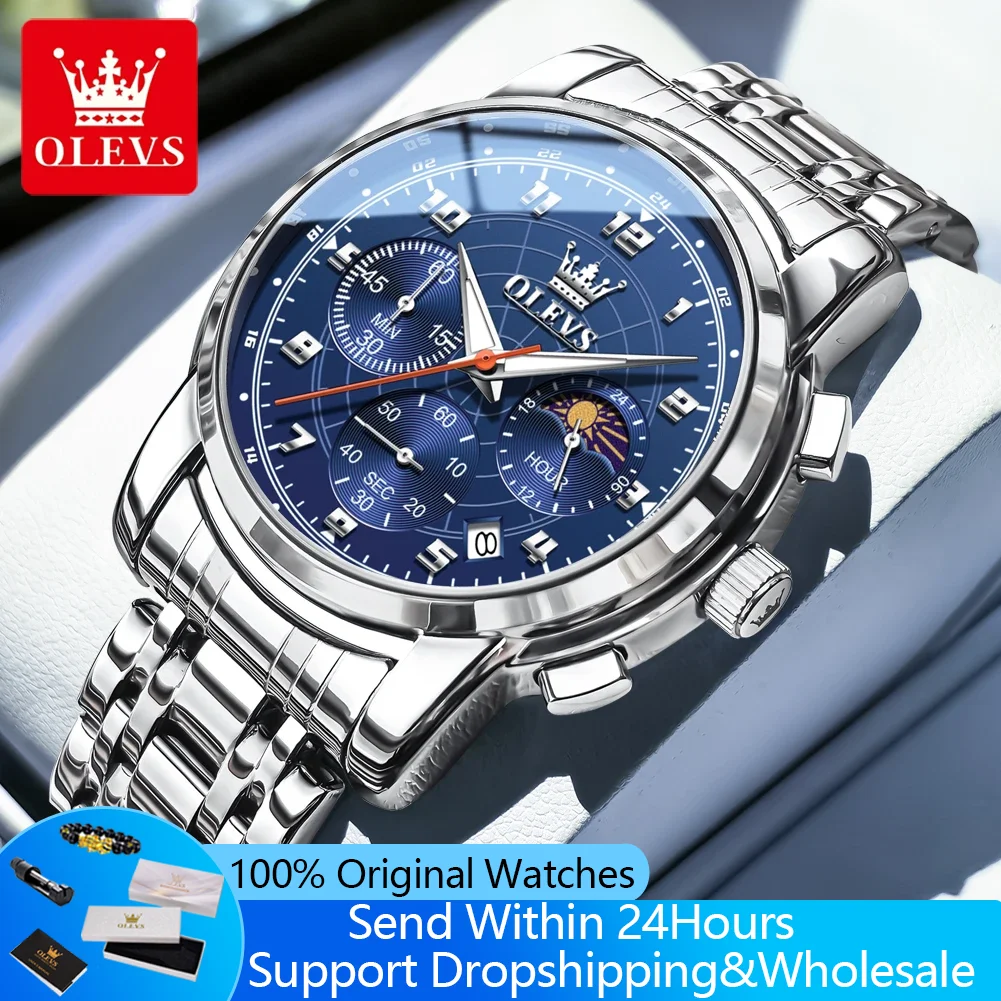 OLEVS 2983 New Men's Watches Stainless Steel Moon Phase Chronograph Waterproof Digital Smartwatch Style Quartz Watches for Man