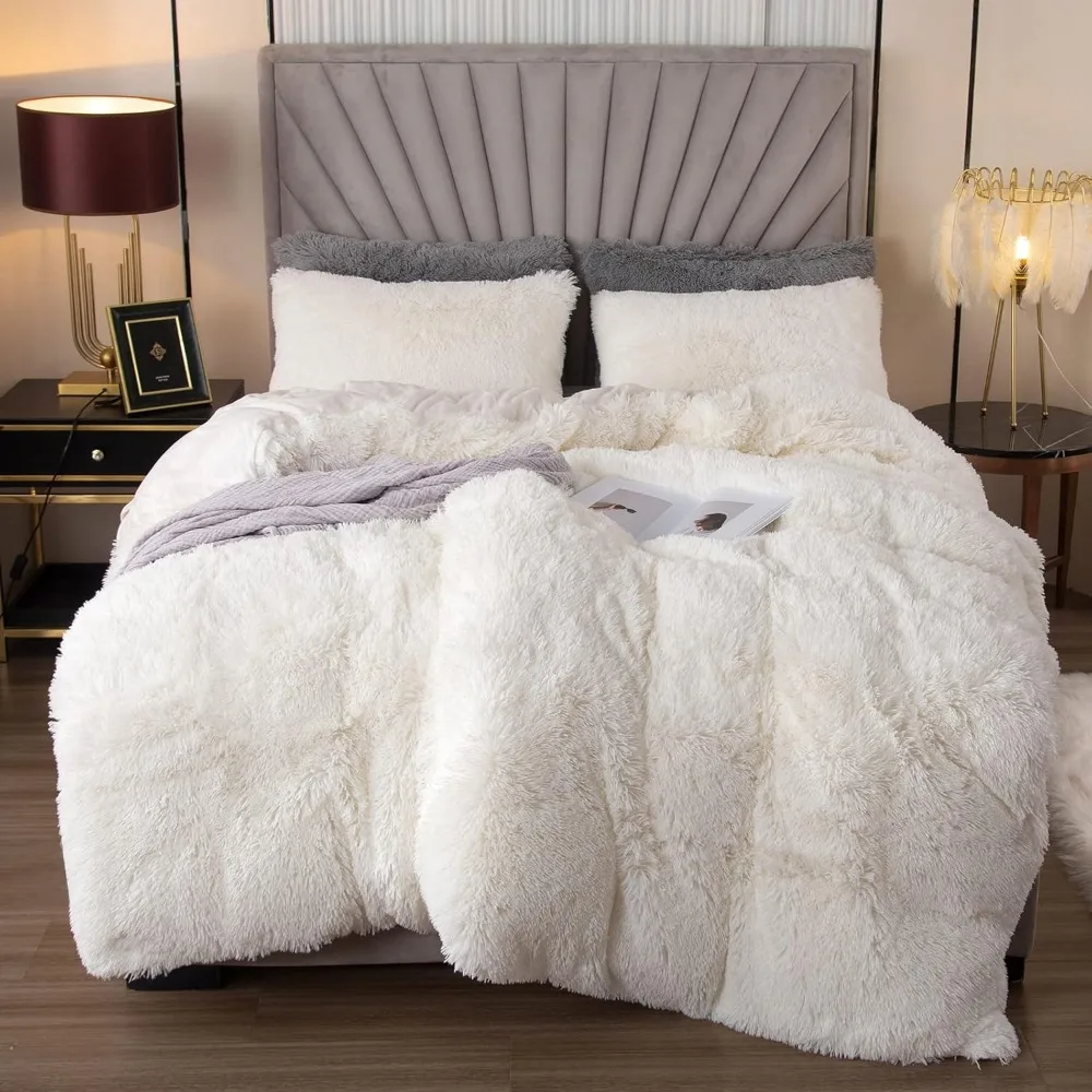 

Luxury White Plush Duvet Cover Set - King Size 3-Piece Shaggy Comforter Cover for King Beds
