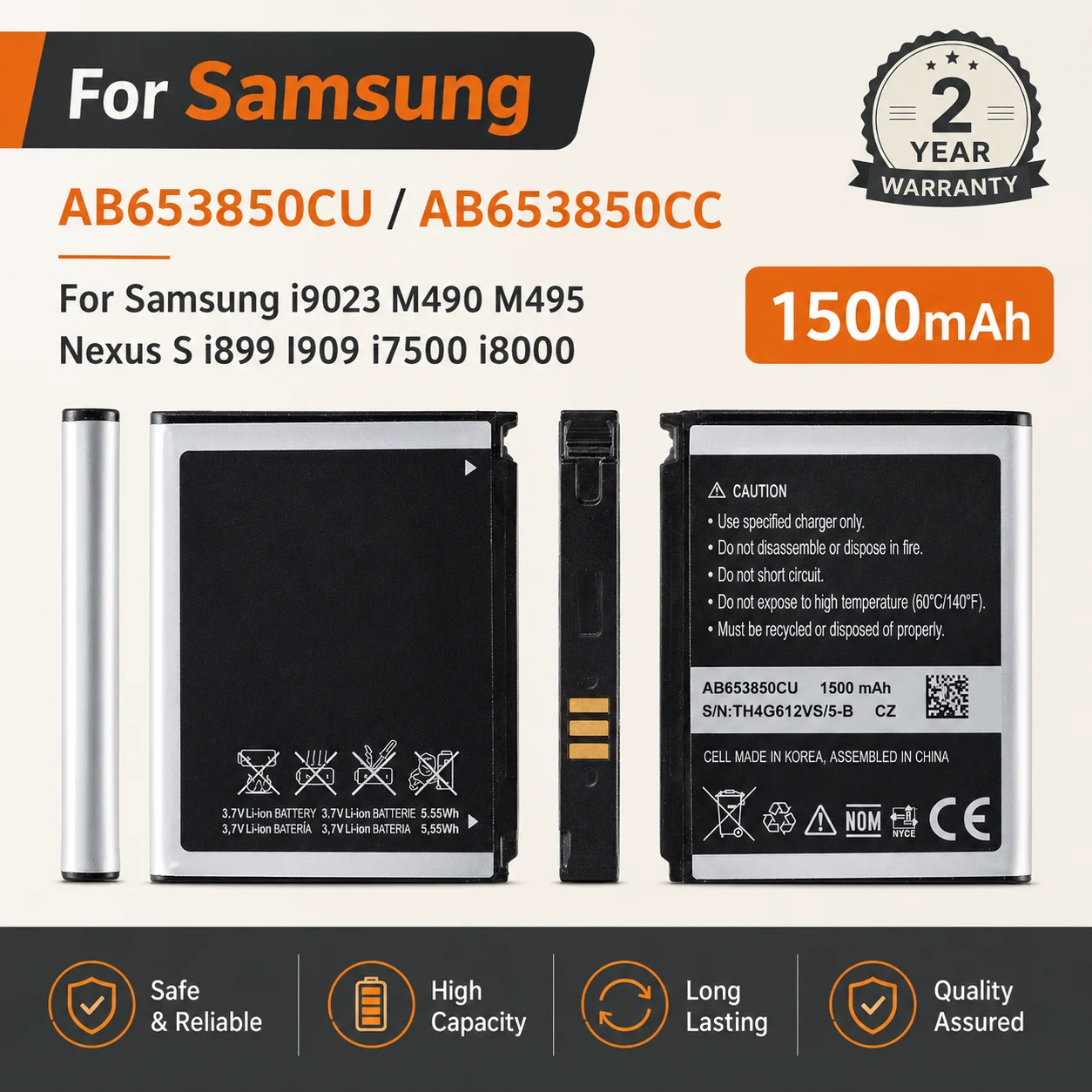 High Capacity Replacement Battery AB463446BU EB484659V for Samsung Nexus S I9023 I899 I9070 Grand DUOS SGH-D780