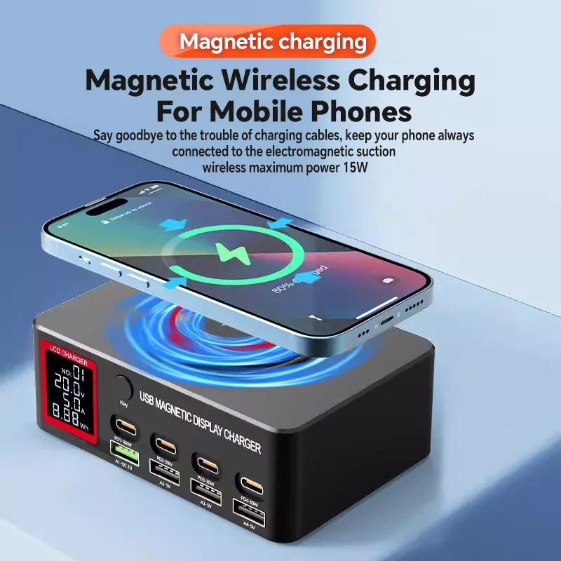 YCS S500/S550/S600 شاحن USB متعدد 8 منافذ مع شحن لاسلكي مغناطيسي 15 وات محطة PD 100WQC للهواتف أدوات شحن سريع