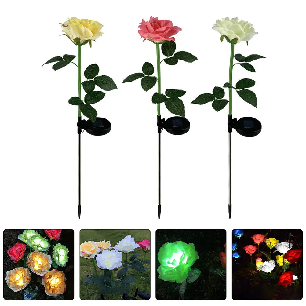3Pcs Delicate Rose Form Solar Light Energy Saving Automatic Day Charge Night Glow Outdoor Yard Decorative LED Landscape Lamp