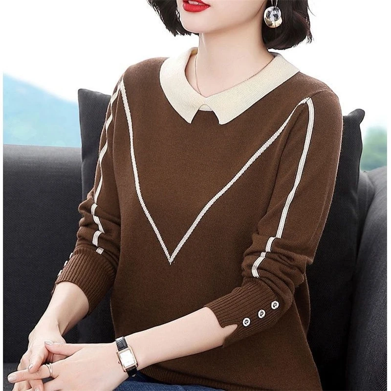 Women Korean Fashion Patchwork Elegant Knitted Sweater Autumn Winter Long Sleeve Loose Pullover Tops Casual Jumper Ropa De Mujer