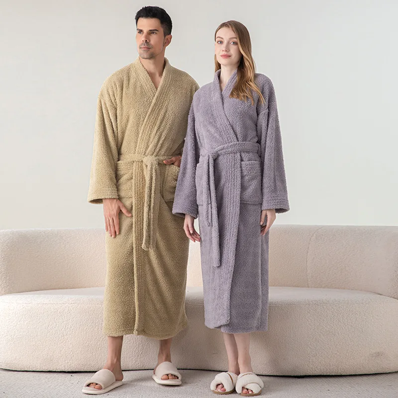 

Flannel Bathrobe Gown Long Robes Women Loose Sleepwear Autumn Winter Sleepwear Loose Nightgown Couple Kimono Nightwear