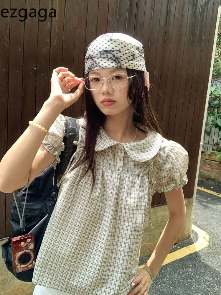 

Kimutomo Shirts Women Plaid Vintage Preppy Style Short Sleeve Bow Sweet Preppy Style Fashion Summer Female Casual Blouse