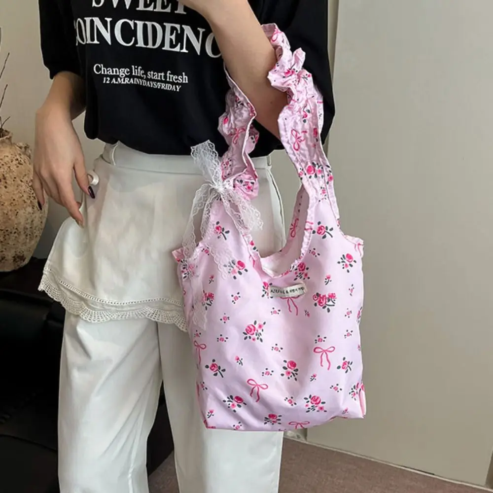 

Casual Sweet Floral Pleated Shoulder Bag Bowknot Nylon Bow Tote Bag Pastoral Style Large Capacity Fresh Lace Handbag Travel
