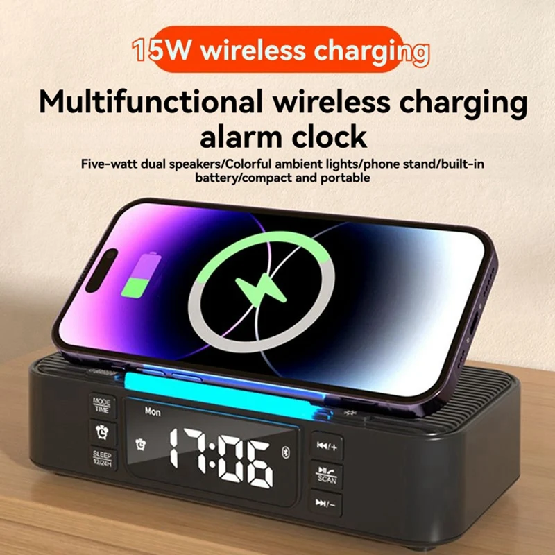 

Wireless Charging Station with Bluetooth Speaker, Alarm Clock, FM Radio, Night Light, Phone Holder, Adjustable Display-A12I