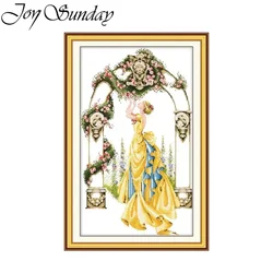 Joy Sunday Cross Stitch Kit Rose Door Beautiful Fairy HD Pattern Aida 16/14/11CT DIY Embroidery Kits Hand Needle Set Home Decor