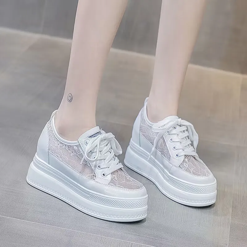 Summer Woman Platform Sneakers Wedge Shoes 2025 Female 8cm Height Increasing Ladies Lace Breathable Casual Shoes Canvas Shoes