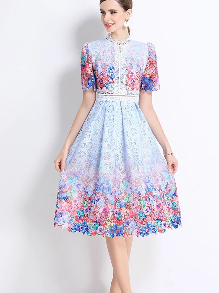 

Elegant Printed Hollow Lace Short Sleeved Slim Fit Dress 2025 Summer New Fashionable Women'S Clothing
