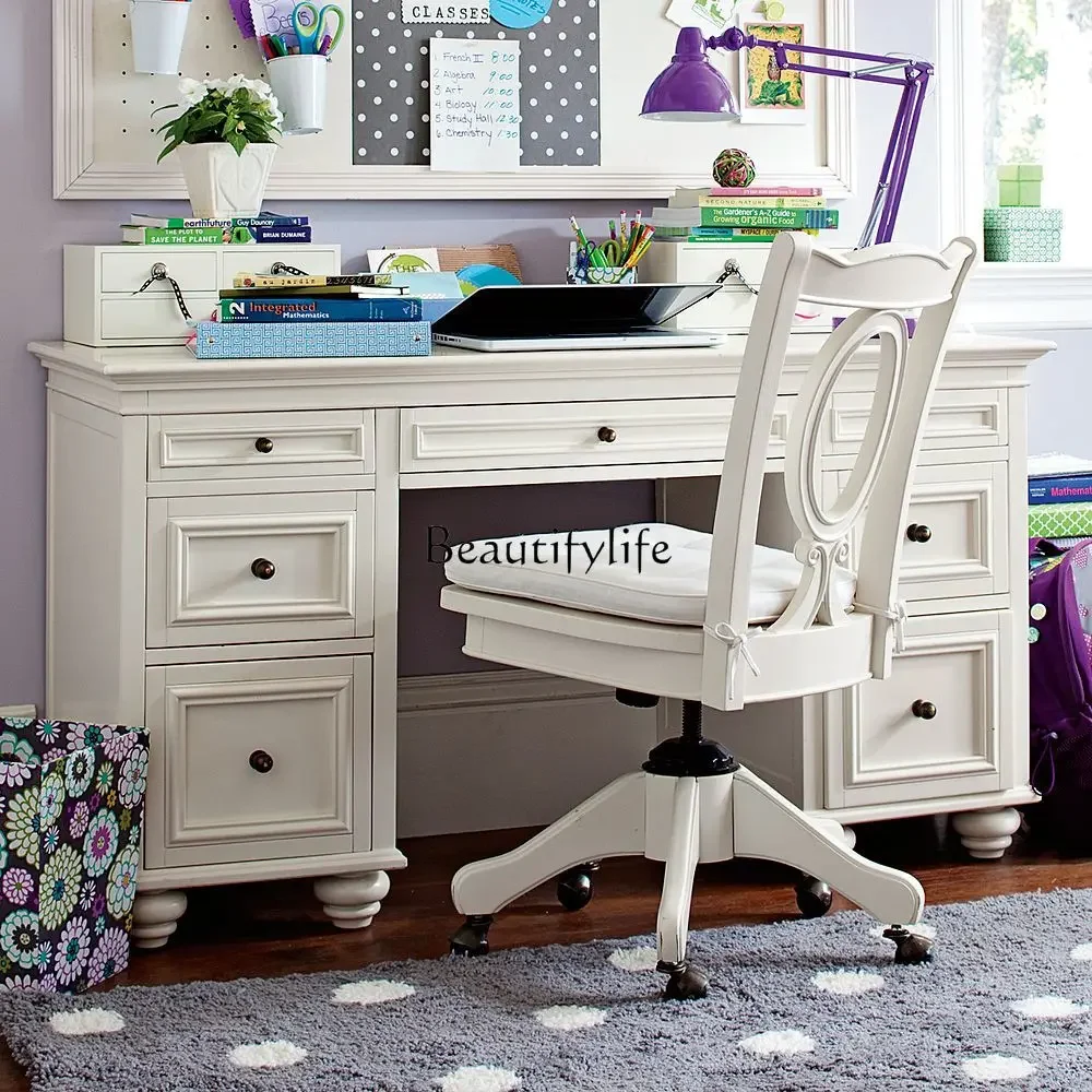 

jj *European-style simple modern Mediterranean white solid wood desk American small apartment