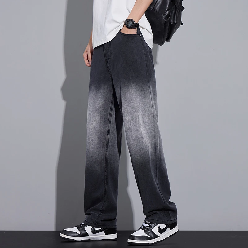 

Gradient Grey Jeans Men Summer Smooth Lyocell Fabric Loose Wide Leg Pants Wear Slacks Street Clothing Retro Blue Thin Trousers