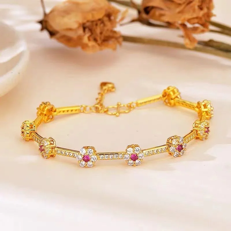 

Женский браслет из 18-каратного золота AU750 в стиле ретро, 2025 год, с маленьким бриллиантом и персиковым цветком, элегантная роскошь, подарок на день рождения для нее