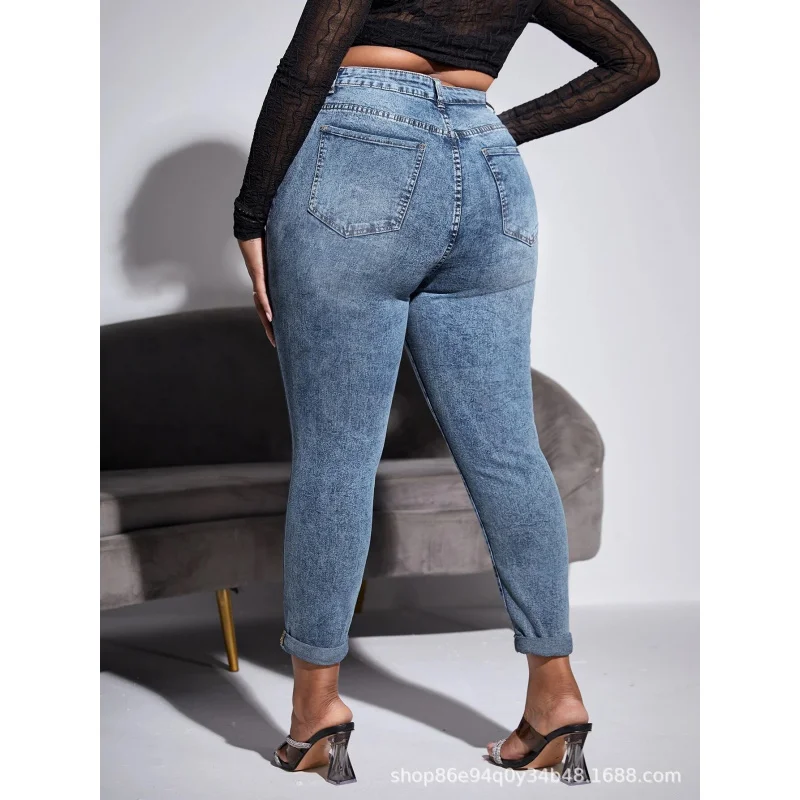 Cross-Border European and American plus Size Light Blue Denim Skinny Pants FatMMStretch pencil pantsTEMUAmazonSHEINForeign Trade