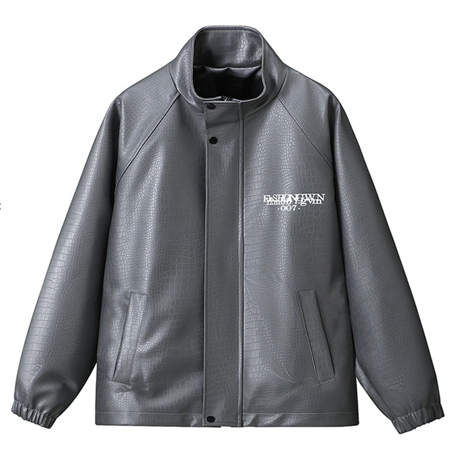 12XL Plus Size PU Jacket Men Fashion Casual Print PU Jacket Coat Male Big Size Stand-up Collar PU Coat