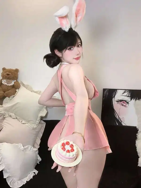 لينة لطيف الأرنب مغر مثير الرغبة النقية فستان مغر أنيق الوردي الحلو فستان قصير القوس الرقبة 2025 بلايز جديدة 39ZB