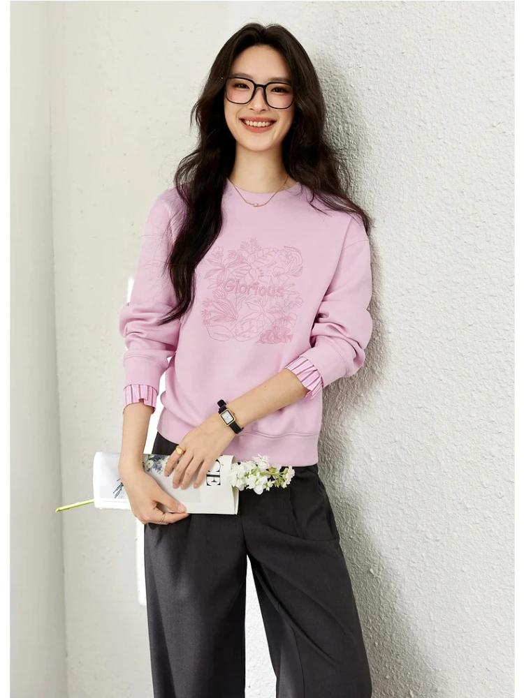 

VIMLY Sweatshirts Women Oversize Long Sleeve Casual Sweater Letter Embroider Autumn 2025 Striped Cuff Female Sweatshirt A2017