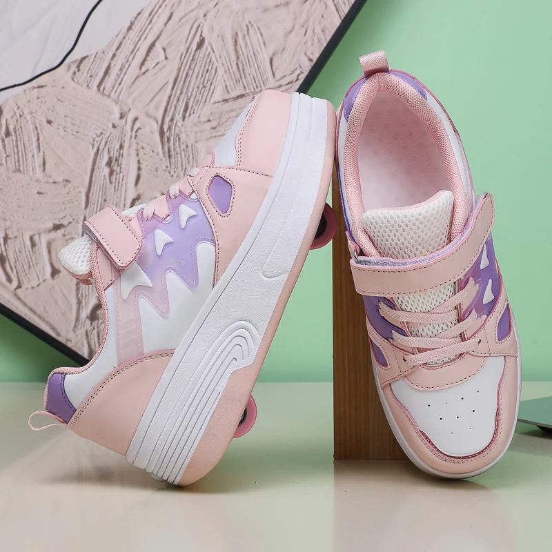 

New 2025 Girls' Wheel Shoes – Spring & Autumn: Rotating Buckle Light-Up Sneakers, Older Kids' Roller Skates