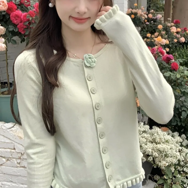 

Gentle Green Three-Dimensional Flower Ruffled Knit Spring Autumn New French Chic Stylish Cardigan Top Women's Clothing