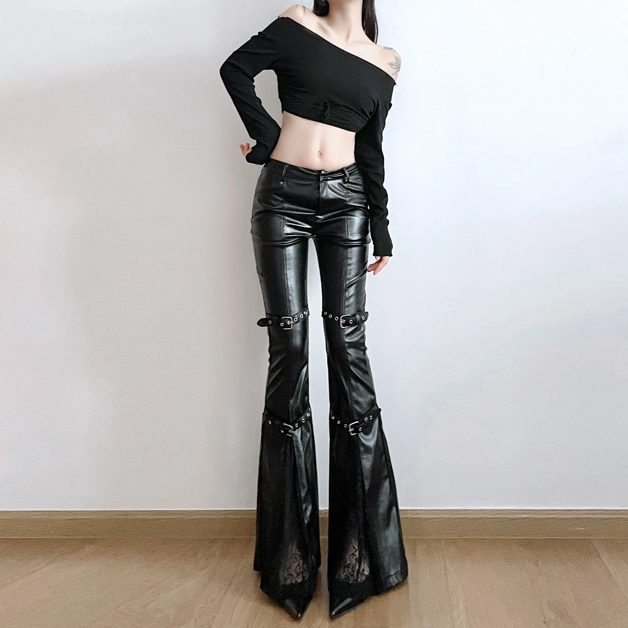 Lace Patchwork Lace-up High Street Hot Girl Leather Pants Fashion Handsome Street Personality Micro Flare Pants Female