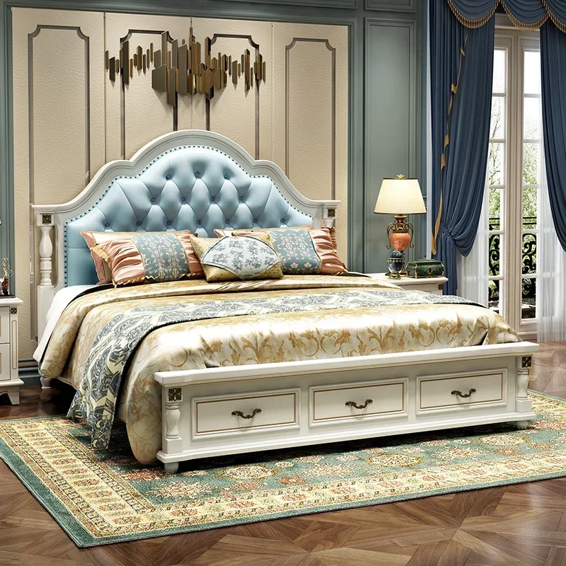American bed white 1.8 meters princess leather bed, simple solid wood double bed