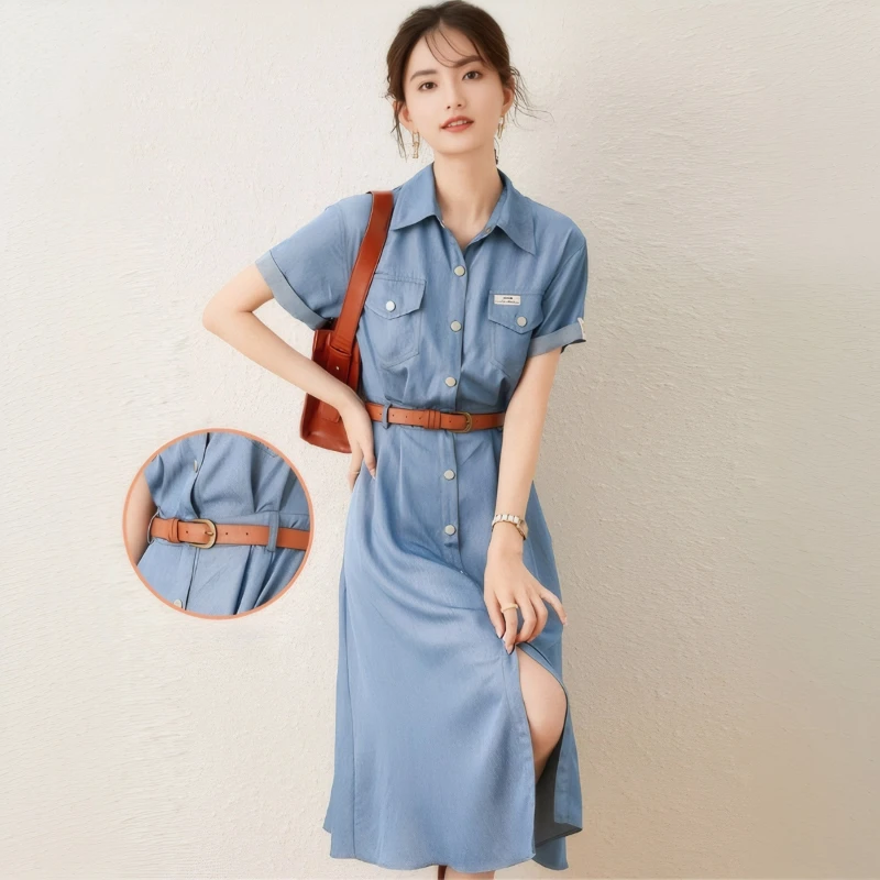 ล้างเสื้อยีนส์ชุดวินเทจผู้หญิง 2025 ฤดูร้อนหญิงเสื้อผ้าบางแขนสั้นชุดฤดูร้อนความยาวกลางชุดสําหรับผู้หญิง