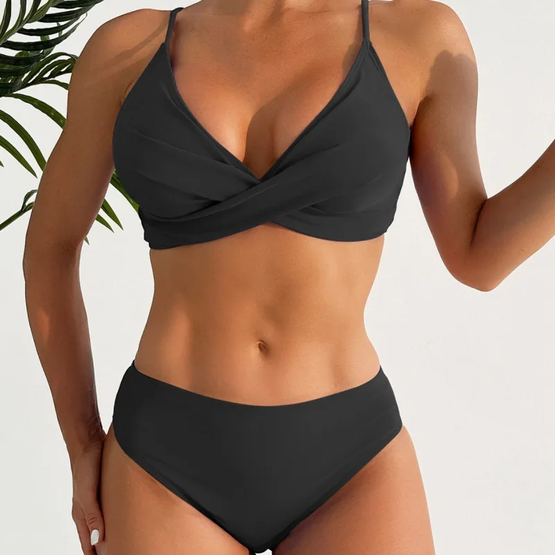 Sexy Cross Strap Bikini Solid Color Split V-Neck High Waist Swimsuit Women's Beachwear with Chest Pads and No Wire Ring