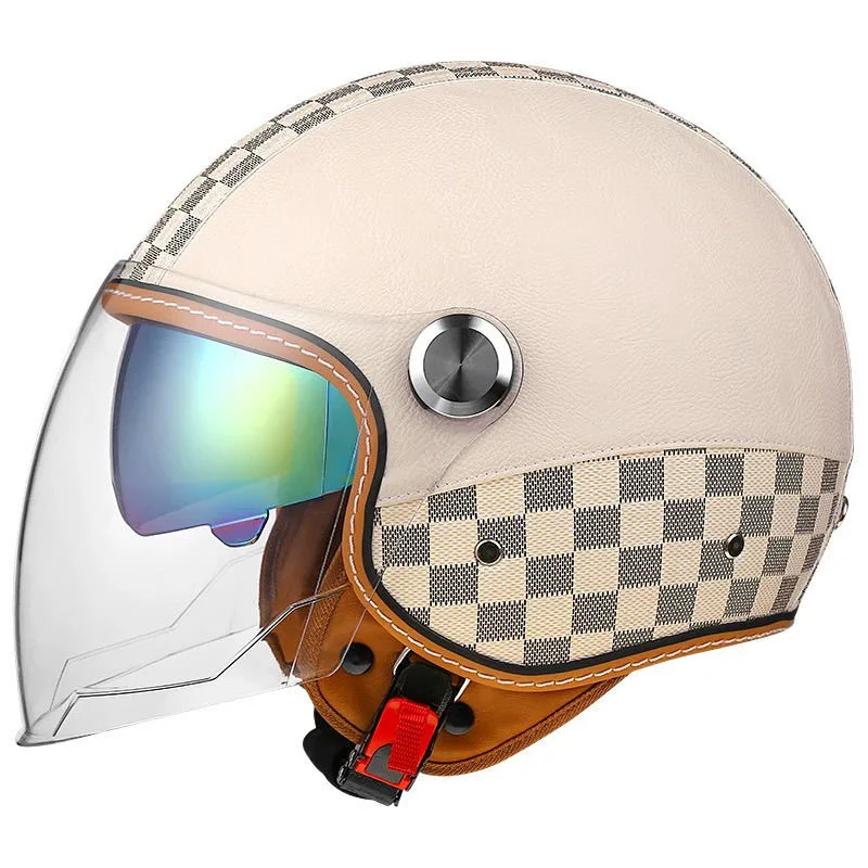 Jet Black Leather Three Quarters Retro Helmet Men Women Motorbikes Winter Warm Cruise American Style Safety Helmets