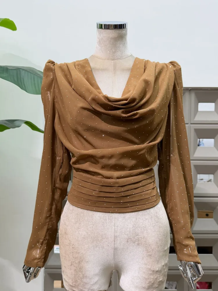 เสื้อชีฟองตาข่ายลายจุดแฟชั่นสำหรับผู้หญิง DFDG คอลเลคชั่นฤดูใบไม้ผลิ/ฤดูร้อน 2025 คอวีแบบผูกเอว แขนยาว จับจีบ