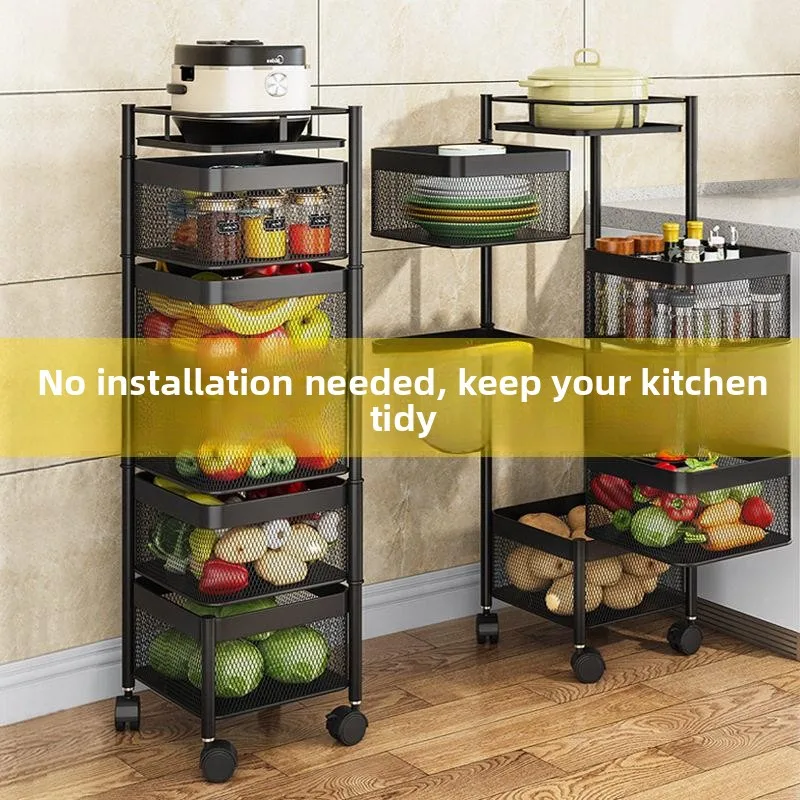 Square Rotating Kitchen Storage Rack Stand Living Room Mobile Multi-layer Small Cart Organizer Shelf Home Utility Rack