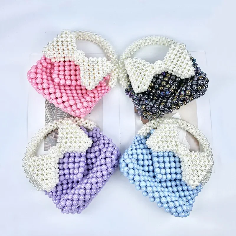 

Cute Versatile Summer Handbag Sweet Bow Girl Princess Style Bag Mini Handwoven Beaded Pearl Decoration Handheld Women's Bags