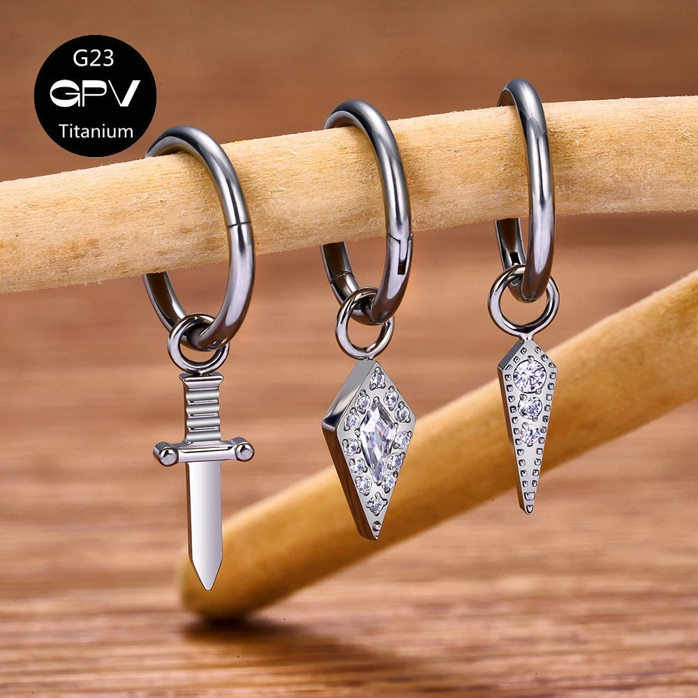 G23 F136 Titanium Closed Loop Nose Ring Sword Edge Long Zircon Pendant Men's and Women's Perforated Jewelry Earrings