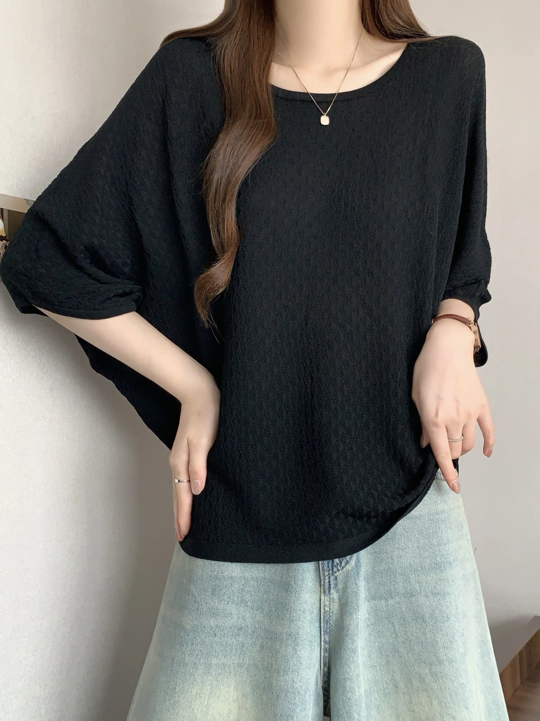 

Loose Knitted Summer Top Slimming Texture Five-Quarter Sleeve Korean Style Fashionable Thin Fabric Women's Overhead Shirt