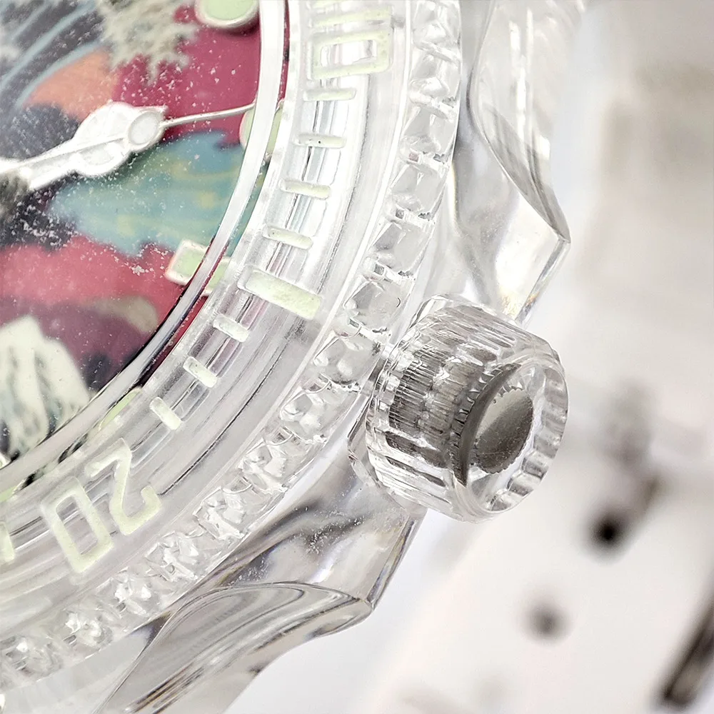 Orologio meccanico automatico con cassa in plastica trasparente luminosa da 40 mm, vetro acrilico, movimento NH35, orologio di lusso da uomo impermeabile 5ATM