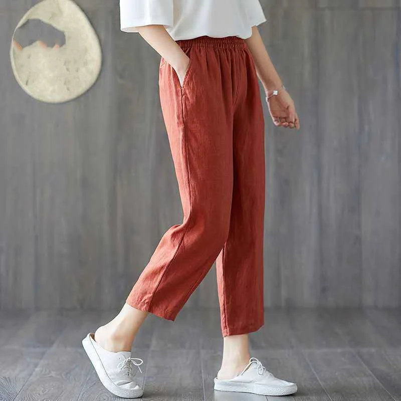 Street Casual All-Match Solide Harembroek Zomer Nieuwe Elastische Taille Dunne Eenvoud Cropped Broek Mode Vintage Dameskleding