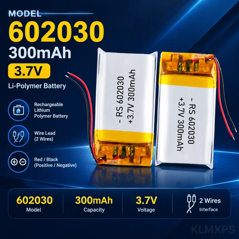 602030 300mAh 3.7V Li-ion Polymer Battery, Rechargeable Replacement Cell for Bluetooth Headset, Speaker, Monitor, Self-Timer