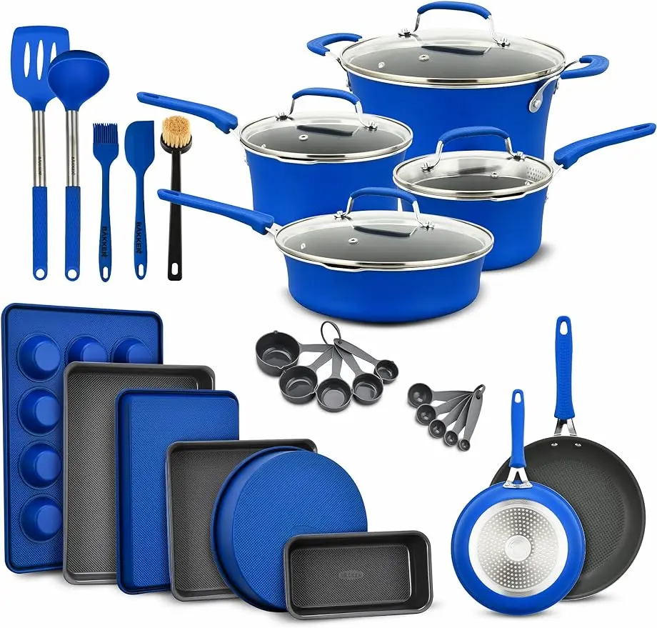 

Cookware Set – 23 Piece –Blue Multi-Sized Cooking Pots with Lids, Skillet Fry Pans and Bakeware – Reinforced Pressed Aluminum