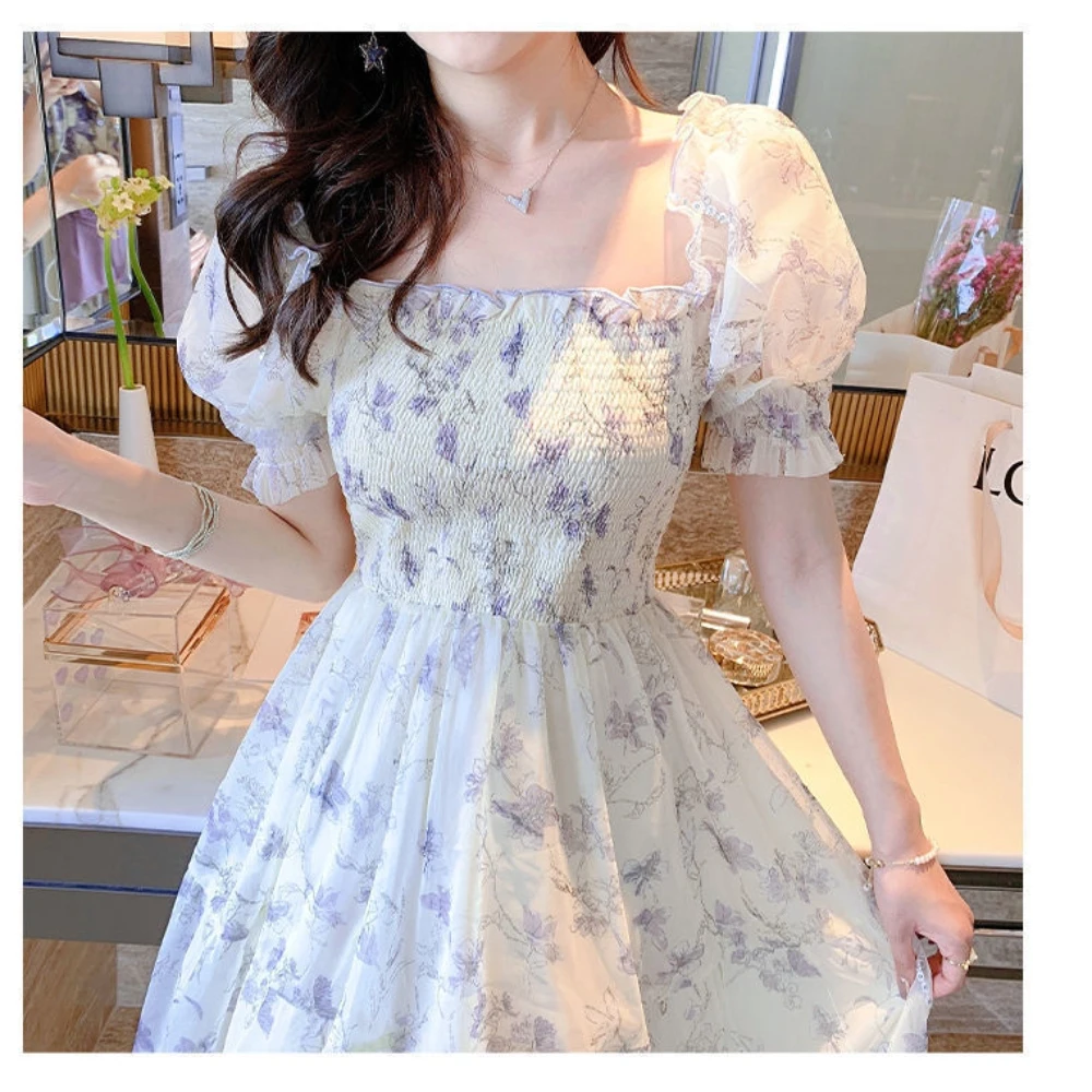 Waisted Square Neck Short Sleeve Floral Chiffon Women's Long Dress For Party or Work or Daily Wear Sehe Fashion