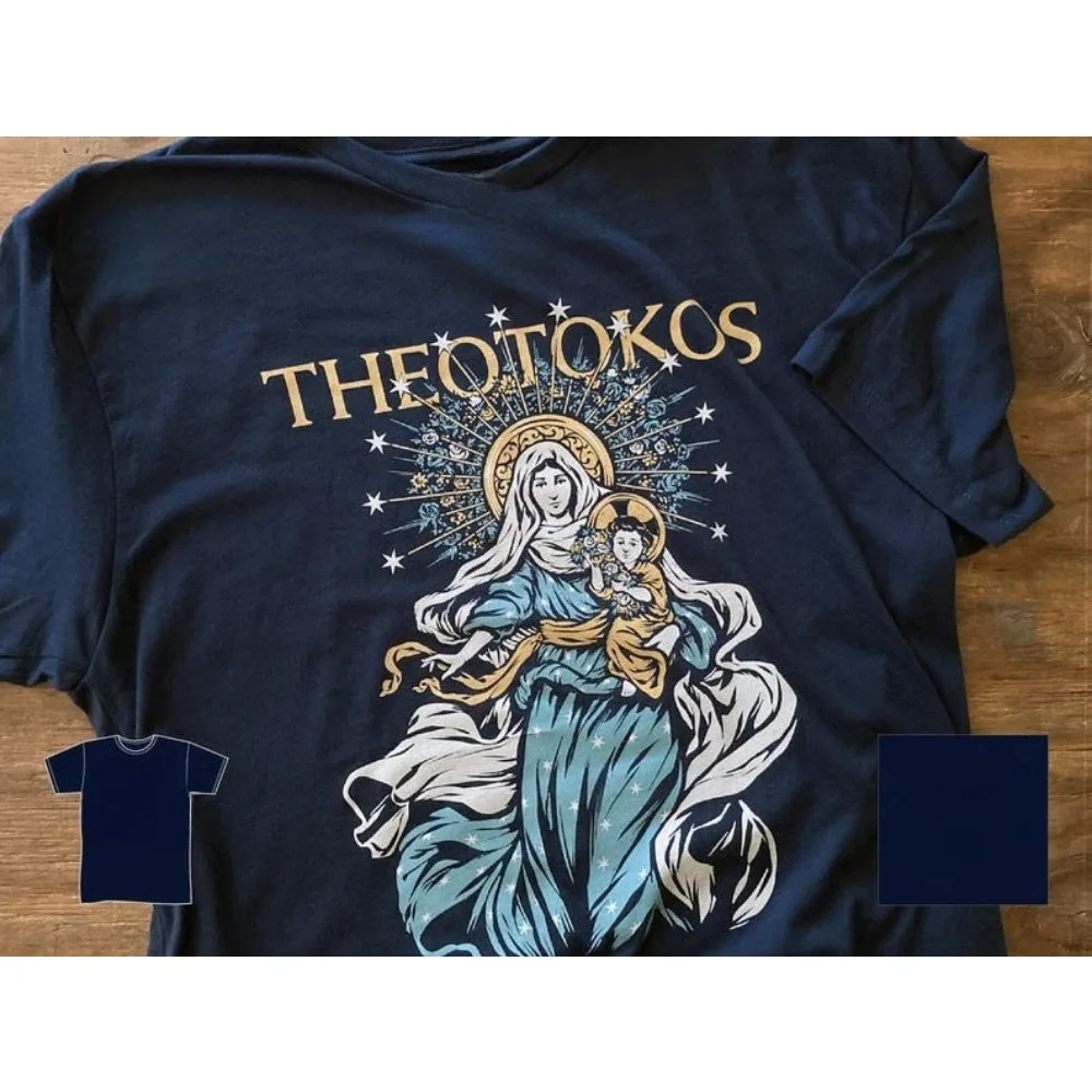 

Футболка Theotokos, женская летняя футболка с религиозным рисунком, католическая одежда Девы Марии, унисекс, хлопковая повседневная рубашка с христианским подарком и идеей