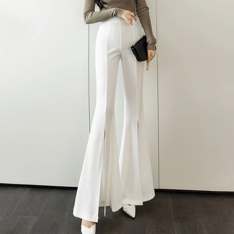 Chic Korean Fashion Ladies Wear Split Hem Bell-bottoms Pants Women OL High Waist Zipper Fly Trousers Female Streetwear Clothes