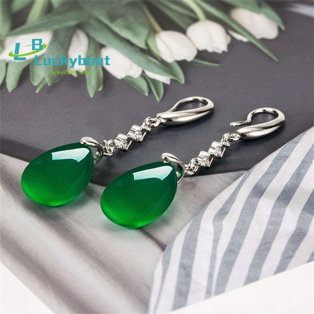 Ethnic Style Long Green Agate Drop Shaped Earrings Women's Diamond Inlaid Antique  Chalcedony Jewelry