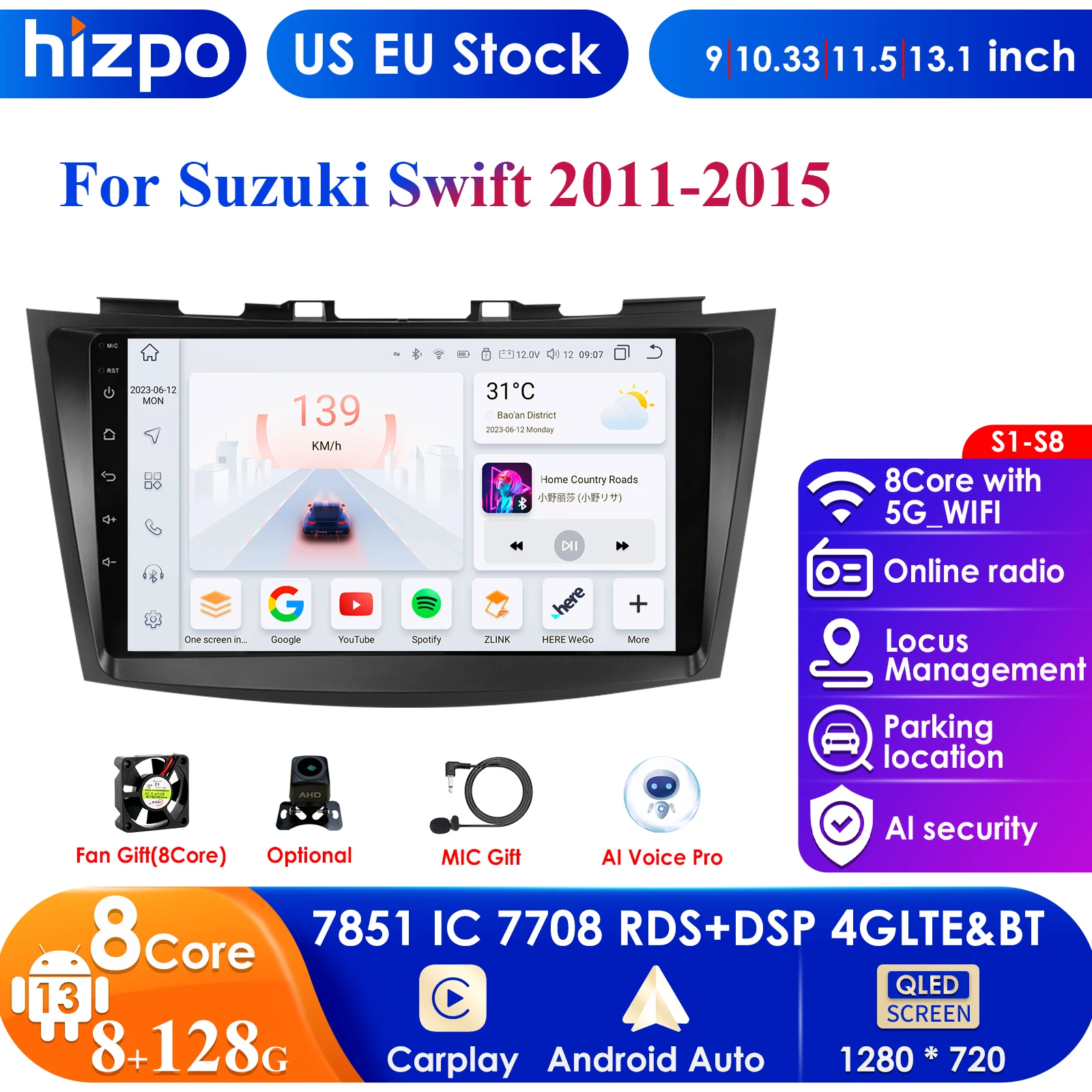 Android 13 Car Radio Multimedia Video Player, 9 "Carplay, 4G LTE, 2 Din, Navegação GPS, Unidade de Cabeça, Stereo, Suzuki Swift 2011-2015