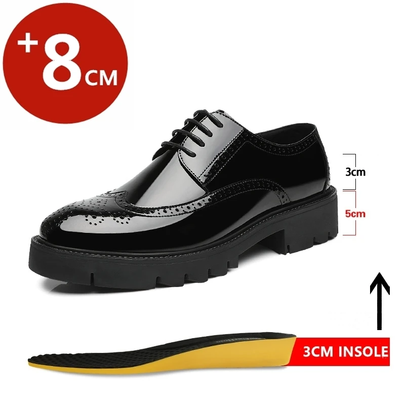 2025 Men's Elevator Shoes 8cm/10cm Luxury Men Brogues Patent Leather shoes Man Height Increase Insole Business Wedding Shoes