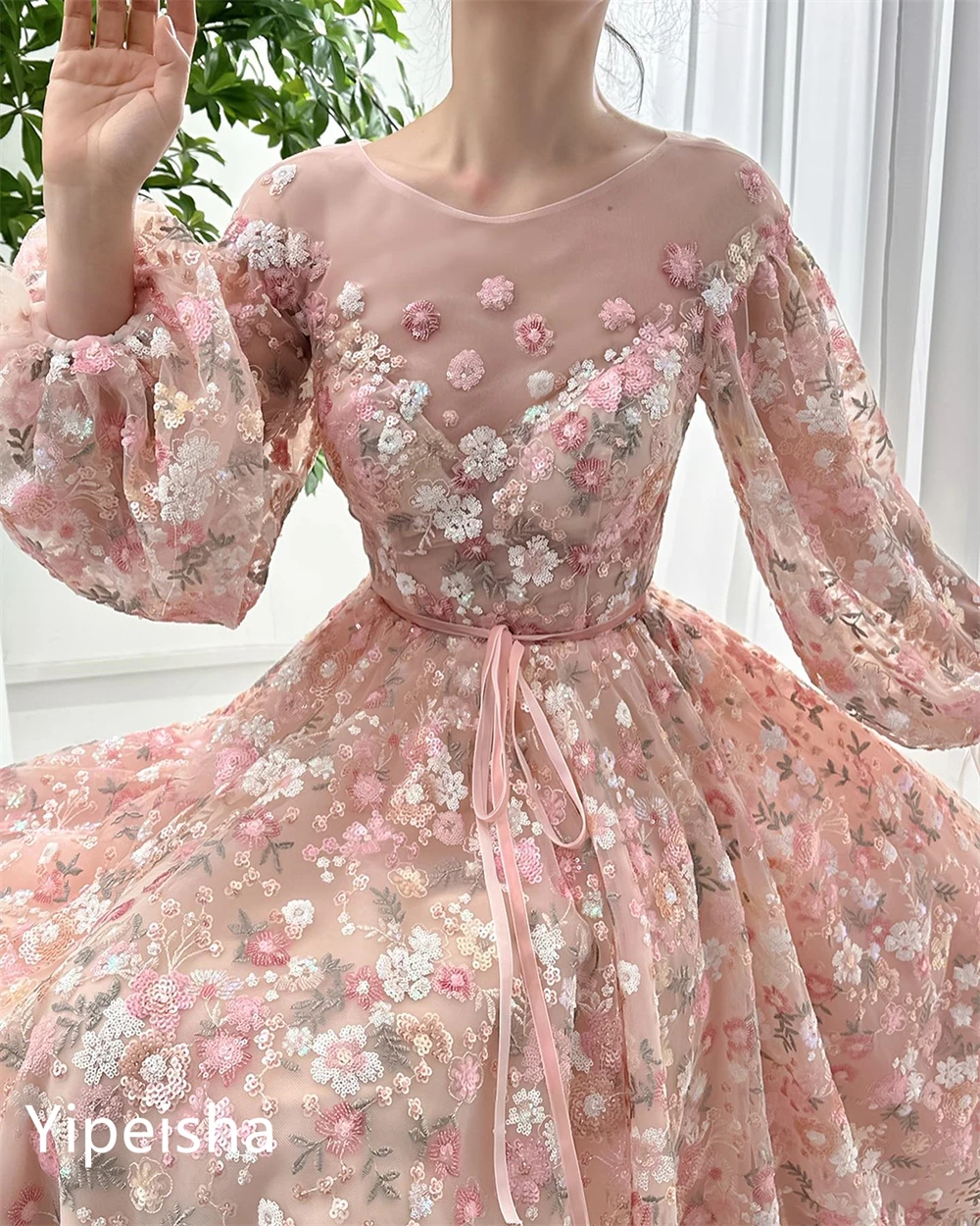 Disesuaikan elegan Jewel A-line bunga selebriti terbungkus lipat sifon gaun Prom Dresses Dresses женское