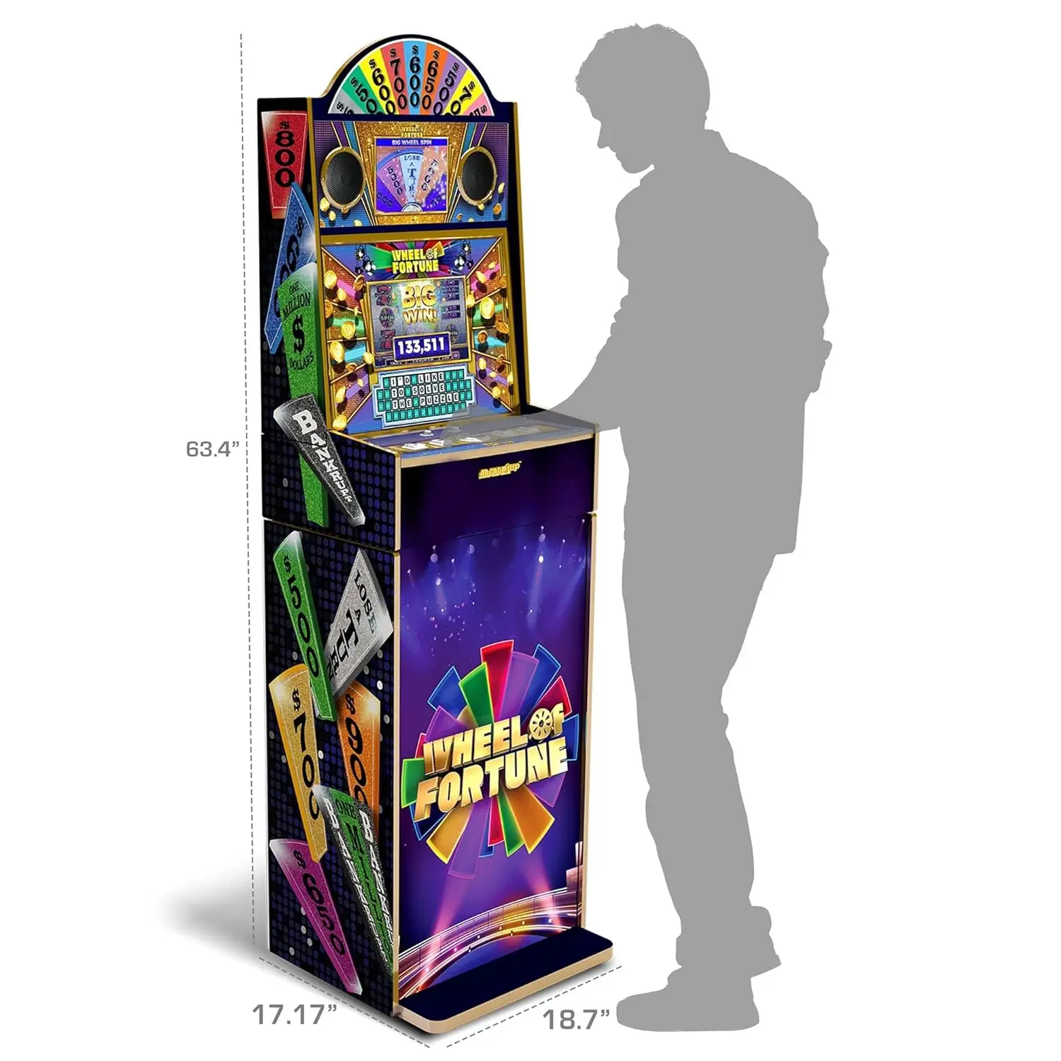 Wheel of Fortune Casinocade Deluxe Arcade Game 5 Foot Tall Stand Up Cabinet with 8 Inch Dual LCD Screens, Electronic Games for A