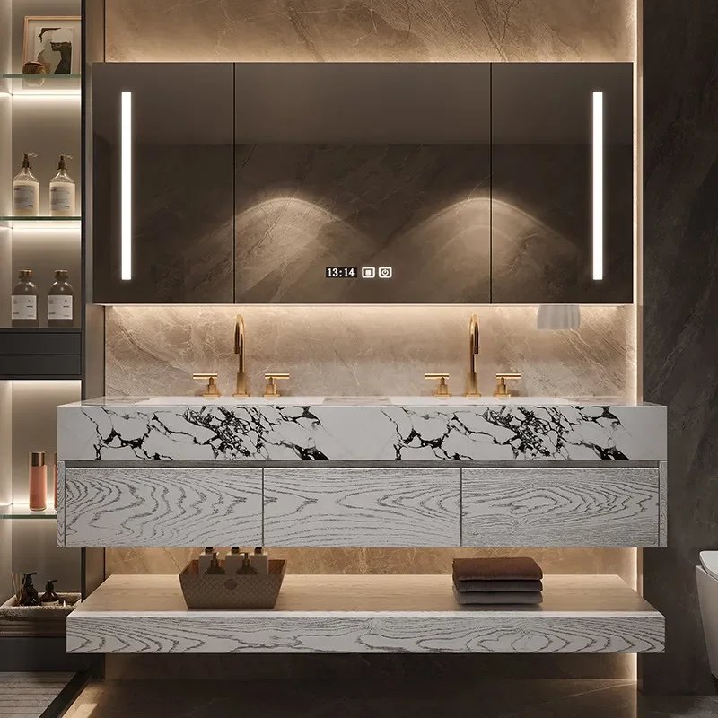 for Simple Modern Slate Seamless Ceramic Double Basin Red Oak Bathroom Cabinet Combination Toilet Wash Hand Washbasin