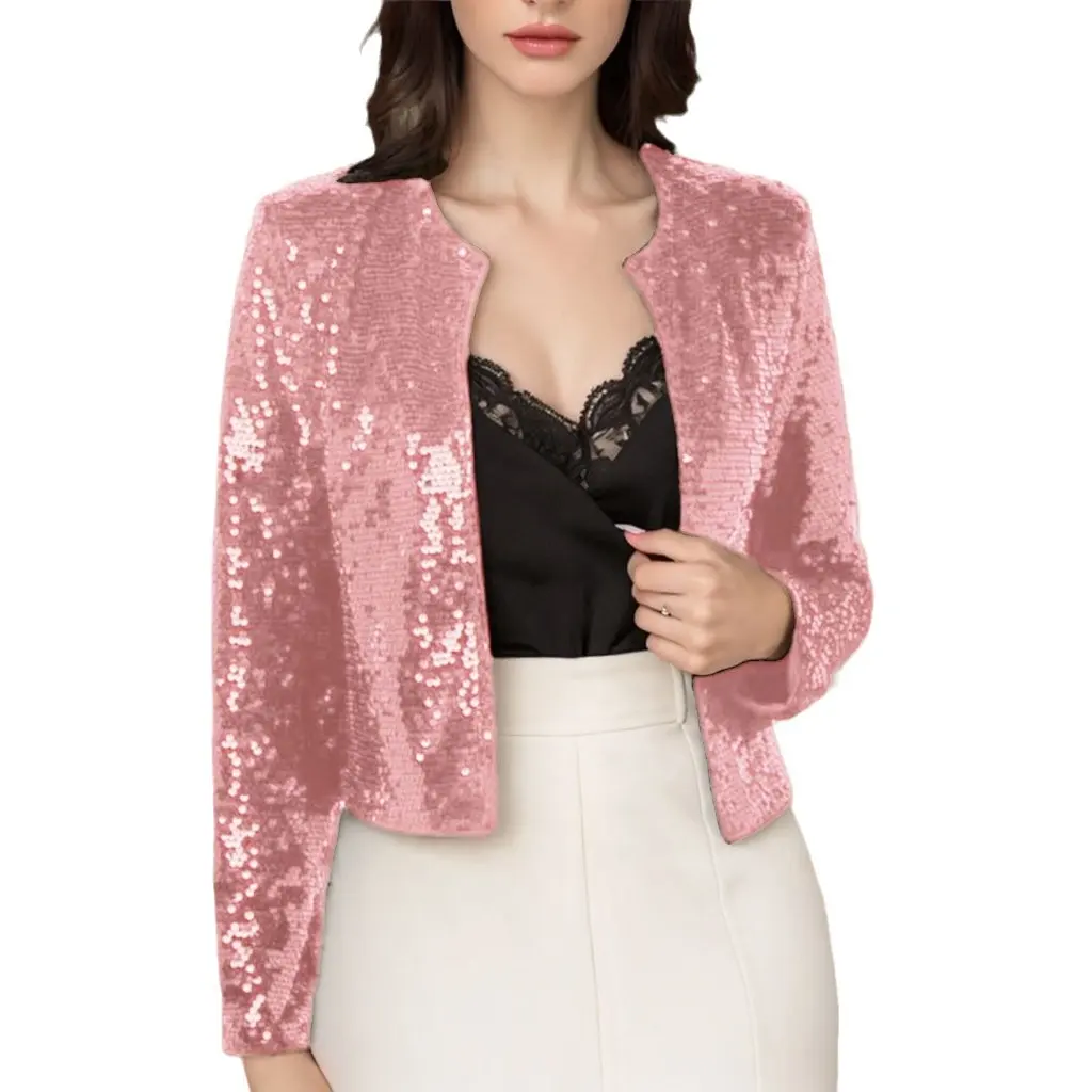 

Women's Solid Color Sequin round Neck Long Sleeve Cardigan Coat Summer Autumn European American Style Casual Outerwear