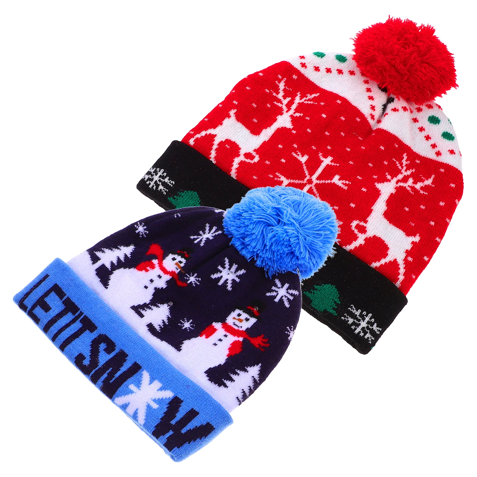 

2pcs LED Up Christmas Party Hats for Adults Warm Acrylic Fiber Cute Pompom Winter Lighted Up Christmas Hat Knit Santa Hat