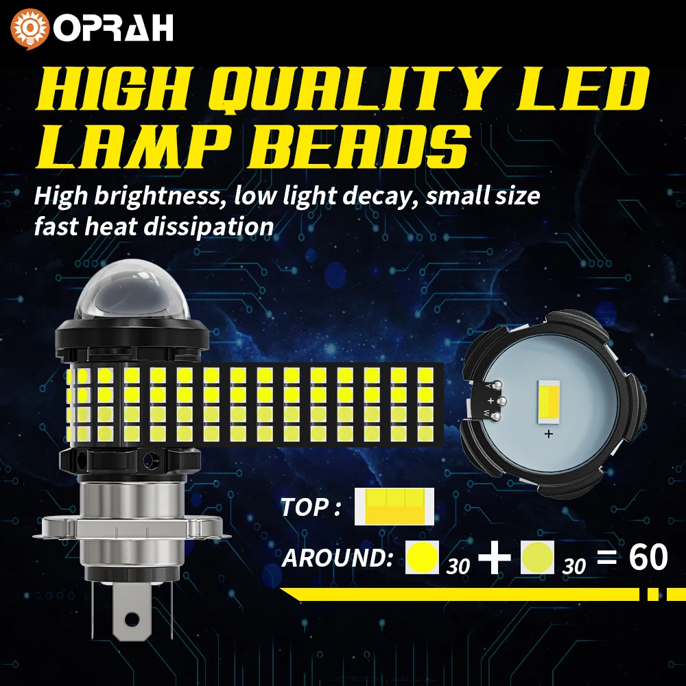 مصابيح أمامية للدراجة النارية من opray-LED ، أضواء فائقة السطوع للدراجات النارية ، شعاع Hi and Lo ، كشافات للدراجات النارية ، مصباح 6000K ، 12 فولت ، H4 ، BA20D ، 60SMD ، 3030